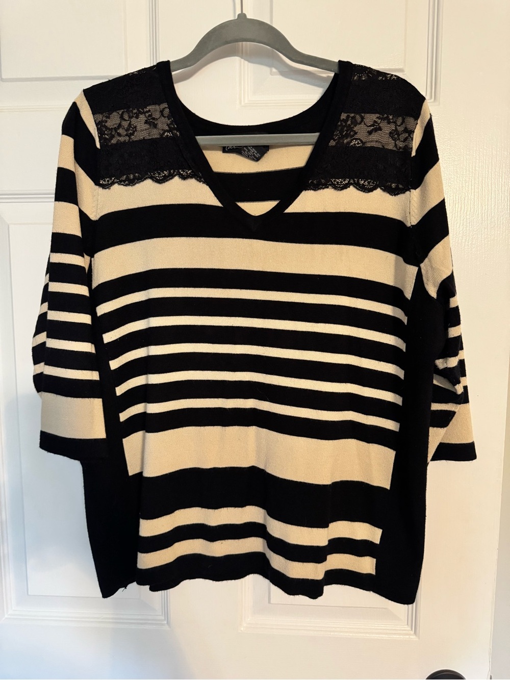 Lane Bryant Black & Cream Striped Lace-Shoulder V-Neck Sweater
